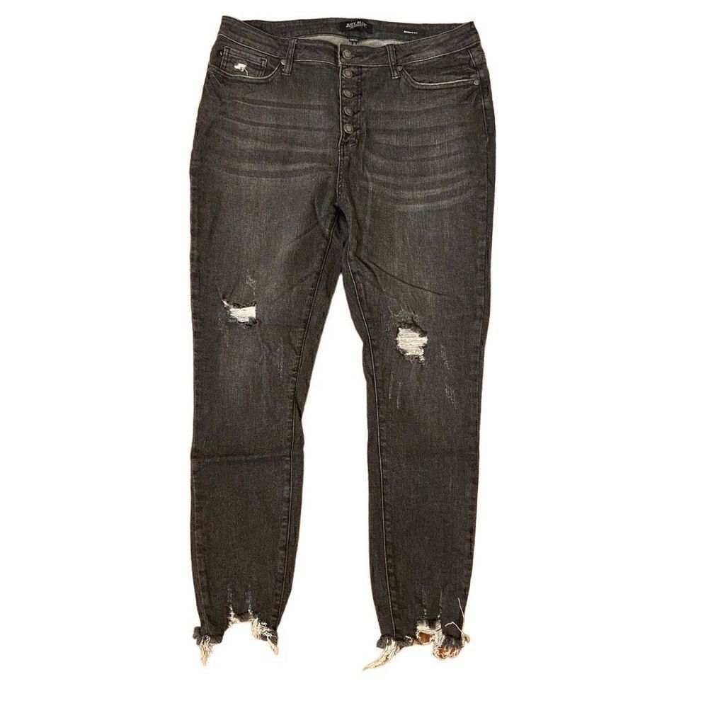 NEW Judy Blue Skinny Jeans Button Fly Distressed Chewed Hem Black Size 15/32
